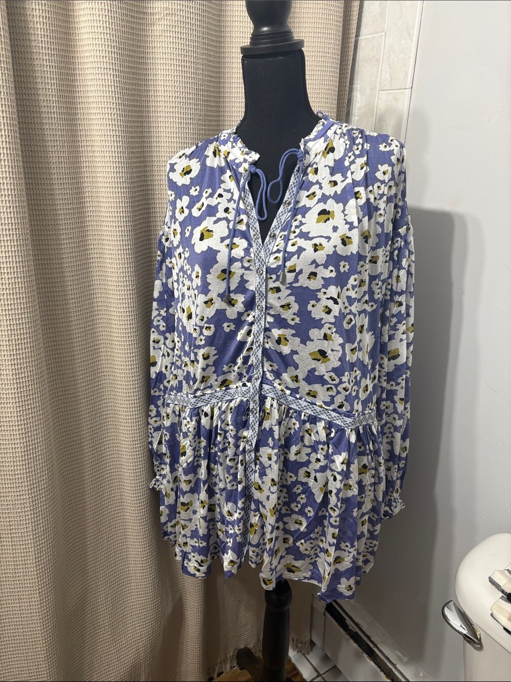 Free People Lavender Floral Peasant Blouse with White and Olive Accents